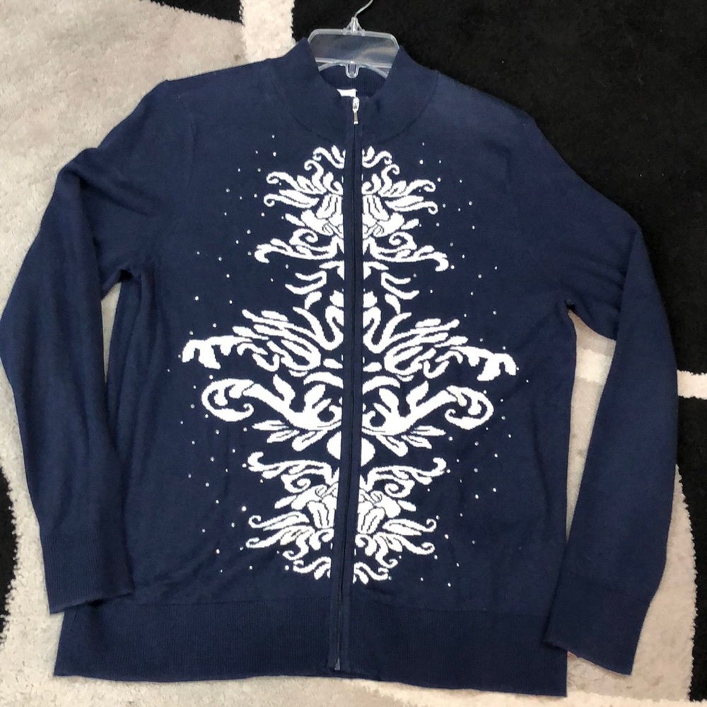 Navy blue and white sweater with silver studs